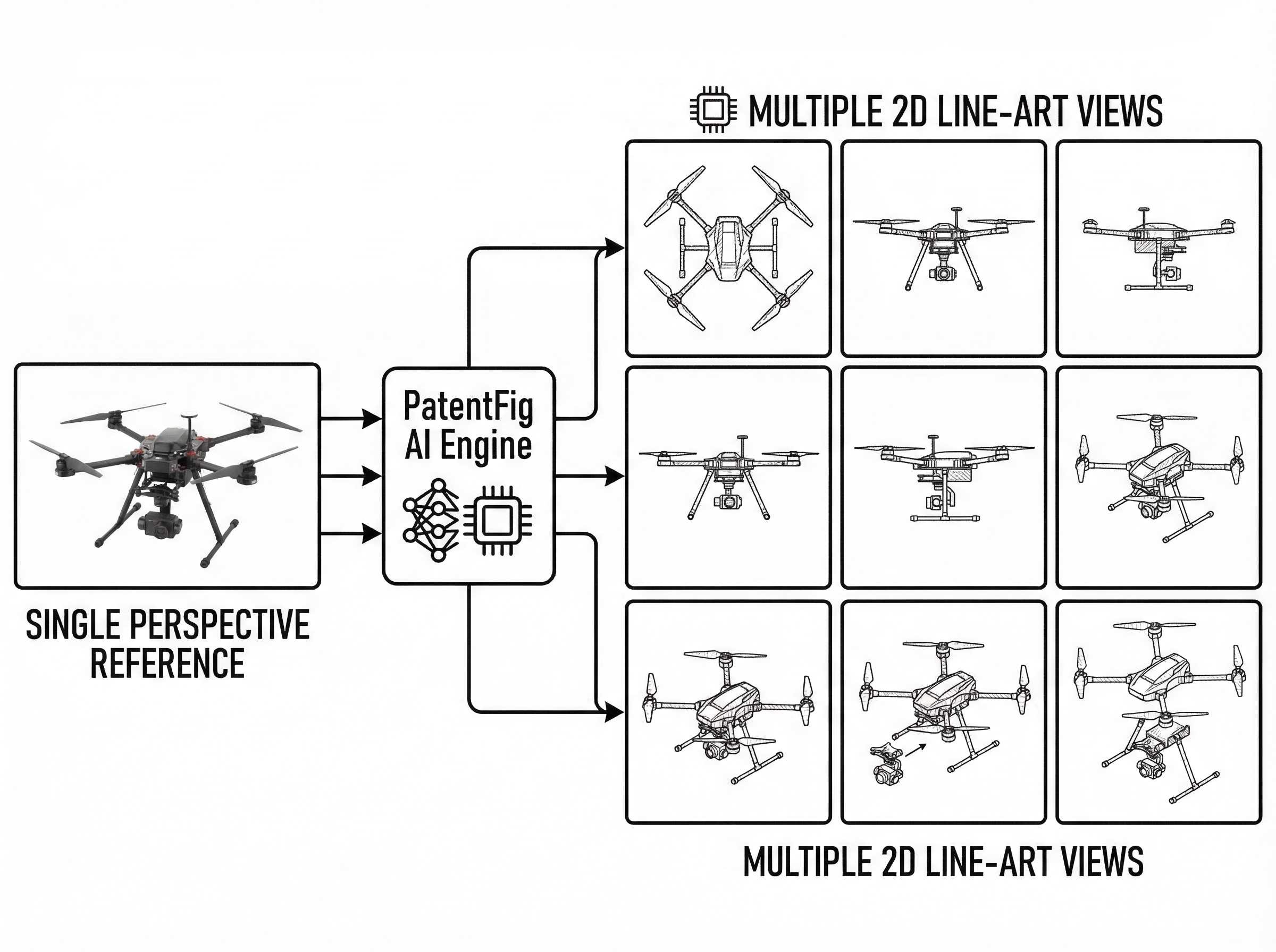 System diagram showing the transformation of a perspective image into multiple patent views
