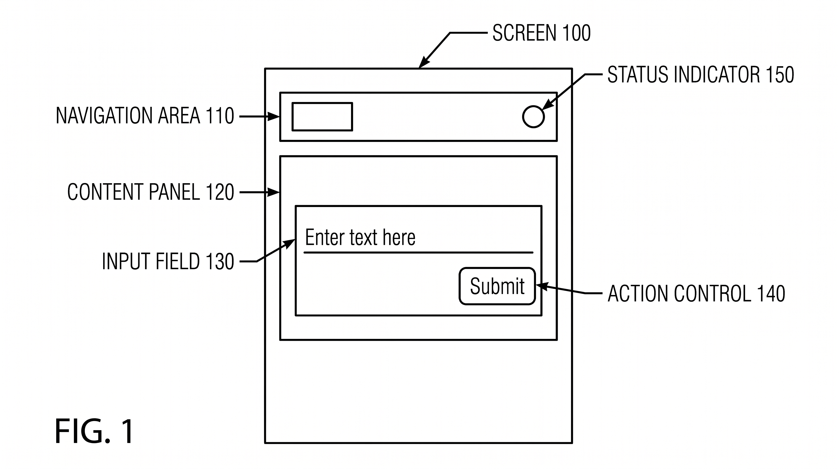 Nummerierte UI-Patentfigur mit Anzeige, Navigation, Inhalt, Eingabe, Aktion und Status