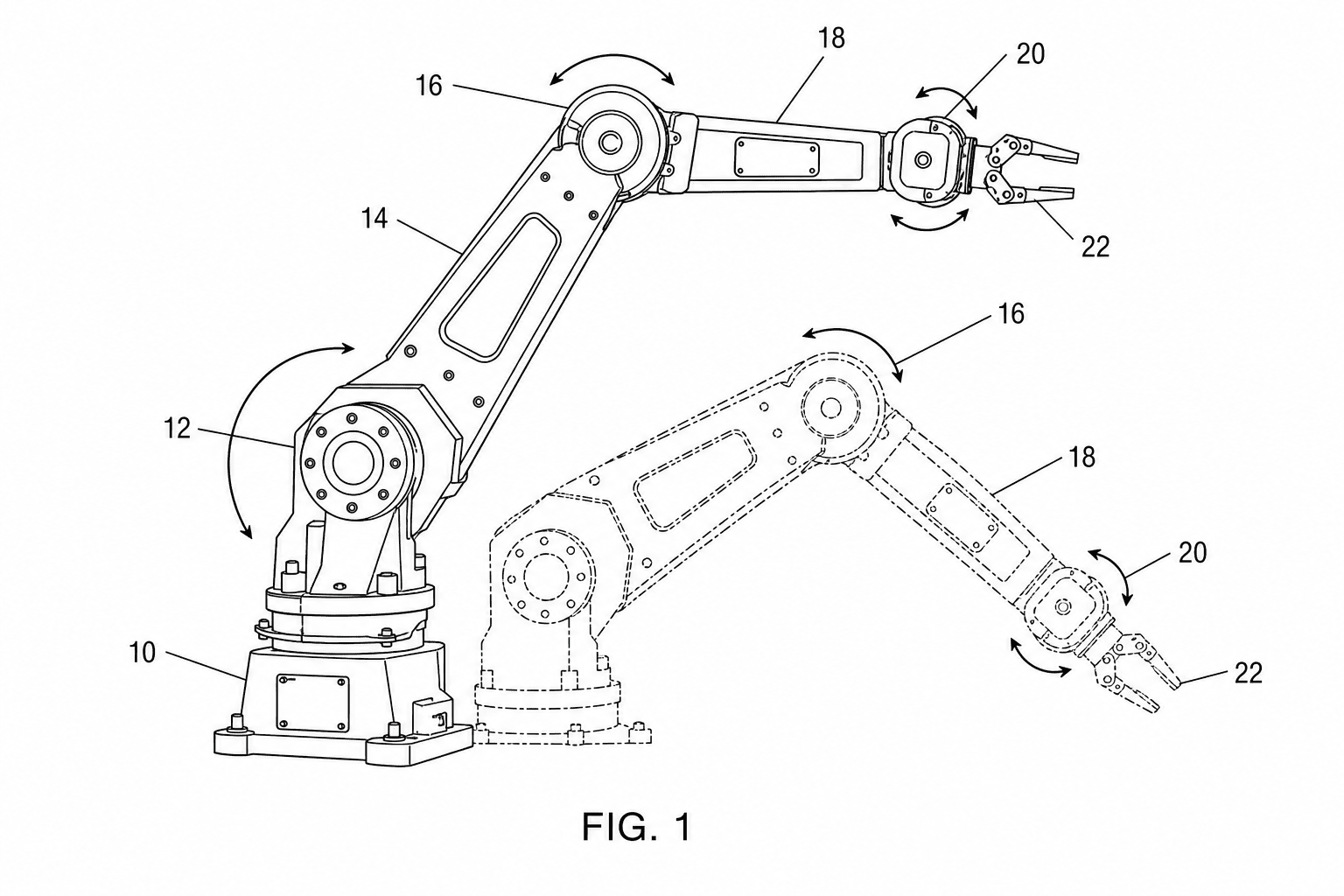 Six-axis arm — two poses with phantom lines